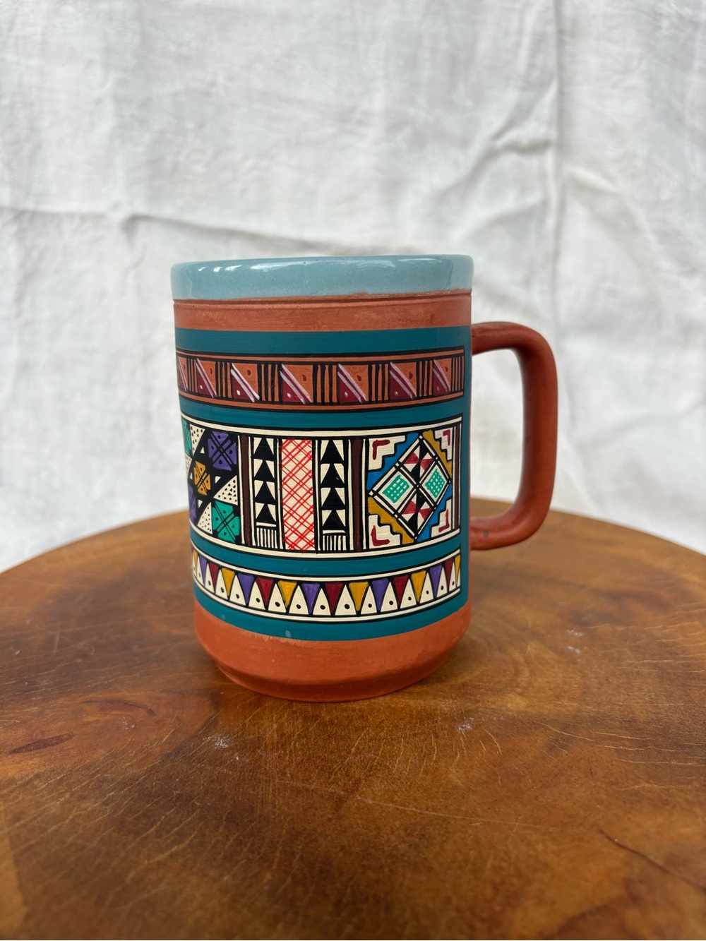 Hand-Painted Peruvian Mug in Turquoise & Terracotta